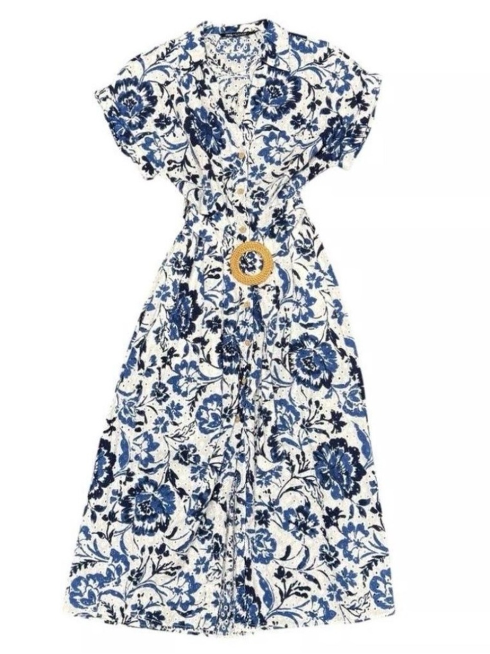 Zara Beautiful Navy and White Eyelet Floral Belted Dress Sz M